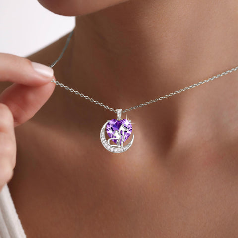 Women Animal Cat and Dog Necklace Purple Heart February Birthstone Charm Amethyst Pendant Jewelry Christmas Birthday Gift for Mother Daughter Pet Lovers - Aurora Tears