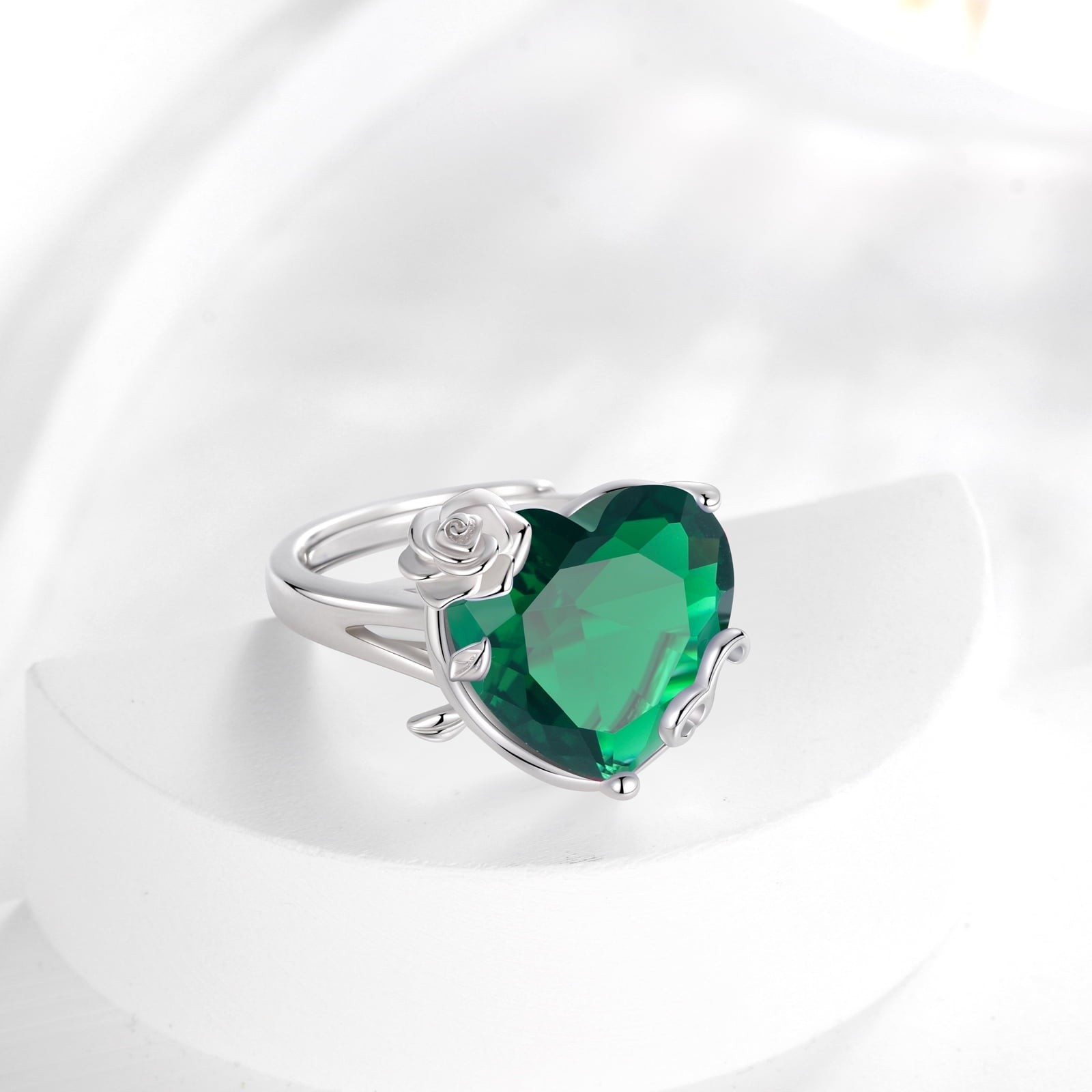 9Ct Women Heart Ring 925 Sterling Silver Rose Flower May Birthstone Emerald Green Solitaire Ring Jewelry Birthday Mother's Day Gift - Aurora Tears