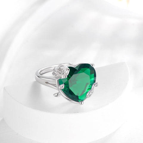 9Ct Women Heart Ring 925 Sterling Silver Rose Flower May Birthstone Emerald Green Solitaire Ring Jewelry Birthday Mother's Day Gift - Aurora Tears