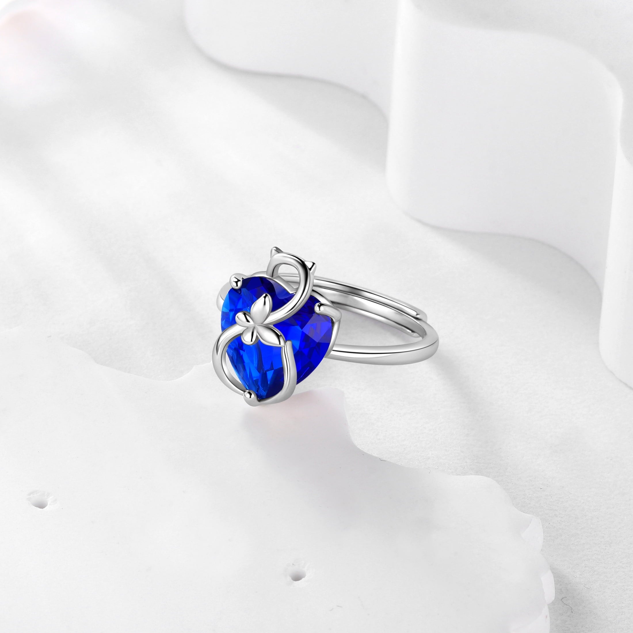 Women Heart Ring 925 Sterling Silver Cat Butterfly September Birthstone Sapphire Blue Solitaire Ring Jewelry Birthday Mother's Day Gift for Cat Lover - Aurora Tears
