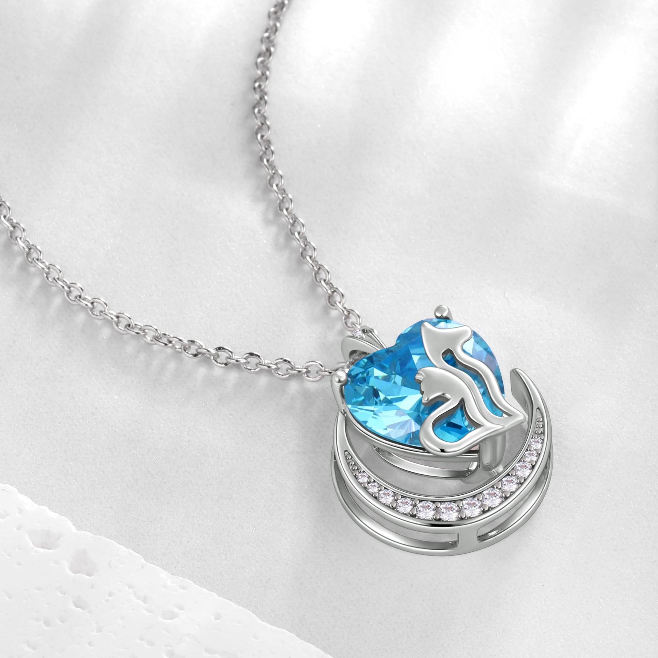 Women Animal Cat and Dog Necklace Blue Heart March Birthstone Charm Aquamarine Pendant Jewelry Birthday Mother's Day Gift for Wife Daughter Pet Lovers - Aurora Tears