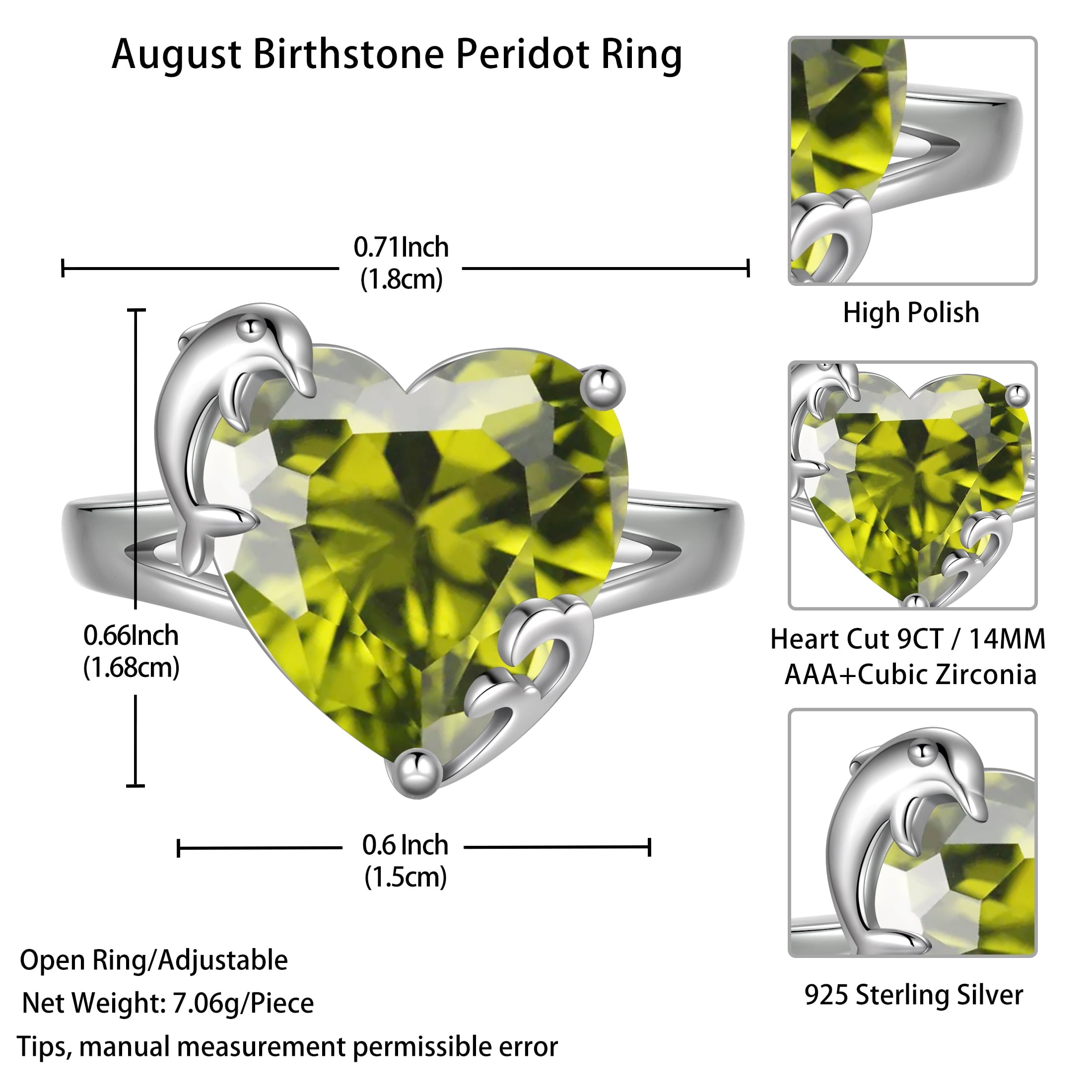 9Ct Women Heart Ring 925 Sterling Silver Dolphin August Birthstone Peridot Solitaire Ring Jewelry Mom Christmas Birthday Gift - Aurora Tears