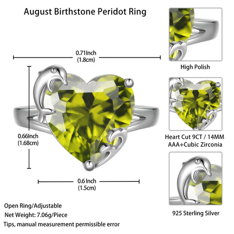 9Ct Women Heart Ring 925 Sterling Silver Dolphin August Birthstone Peridot Solitaire Ring Jewelry Mom Christmas Birthday Gift - Aurora Tears