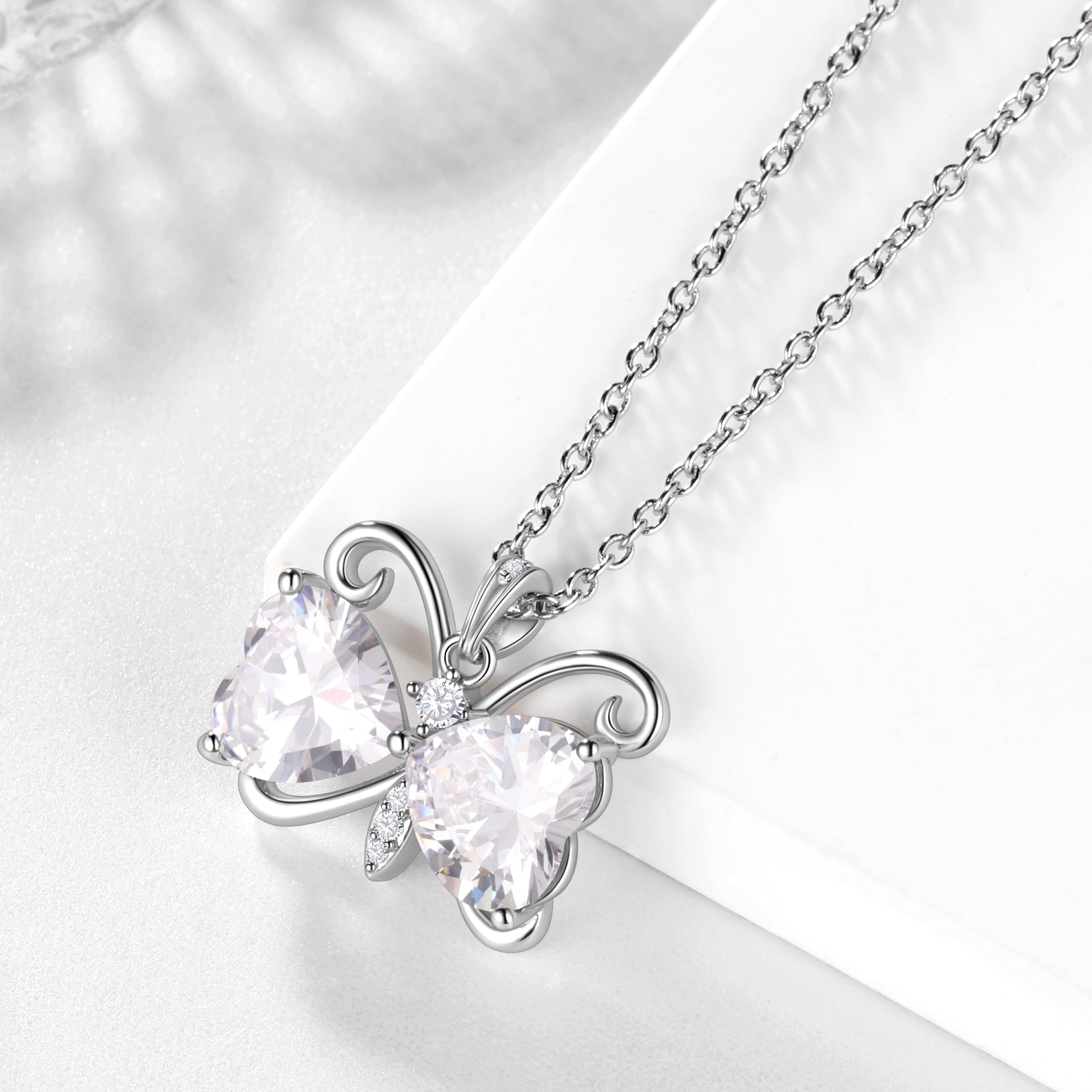 Women White Butterfly Necklace Heart April Birthstone Necklace Diamond Crystal Pendant Charm Jewelry Wife Mother Birthday Valentine's Day Gift - Aurora Tears