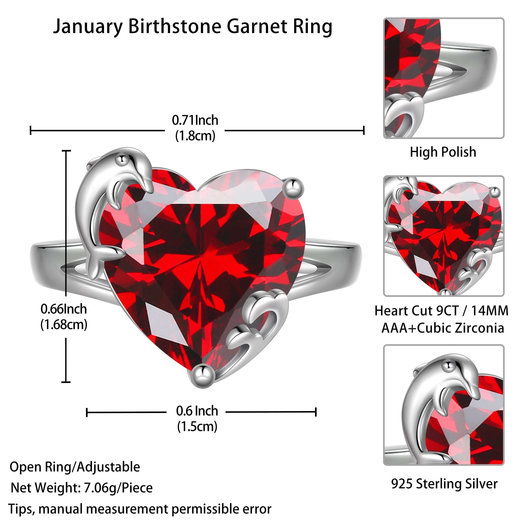 9Ct Women Heart Ring 925 Sterling Silver Dolphin January Birthstone Red Garnet Solitaire Ring Jewelry Mother Birthday Valentine's Day Gift - Aurora Tears