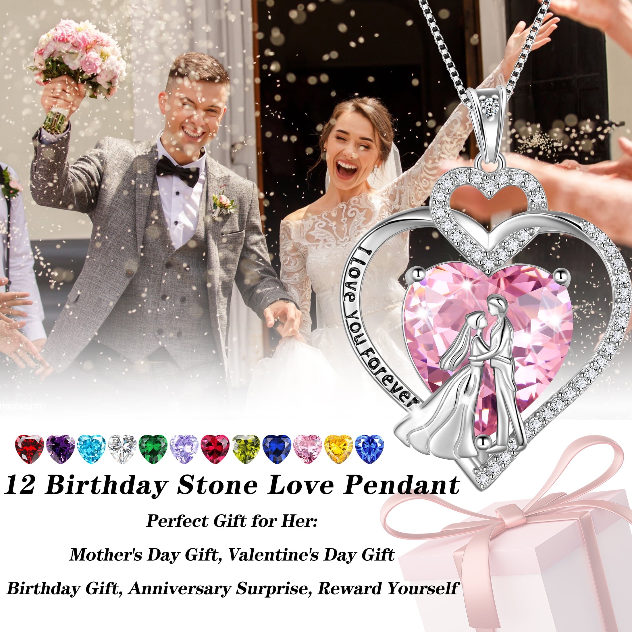 Couple Necklace for Women 925 Sterling Silver Heart July Birthstone Pendant Love You Wedding Engagement Jewelry Valentines Day Gift for Her Wife Girlfriend Bride - Aurora Tears