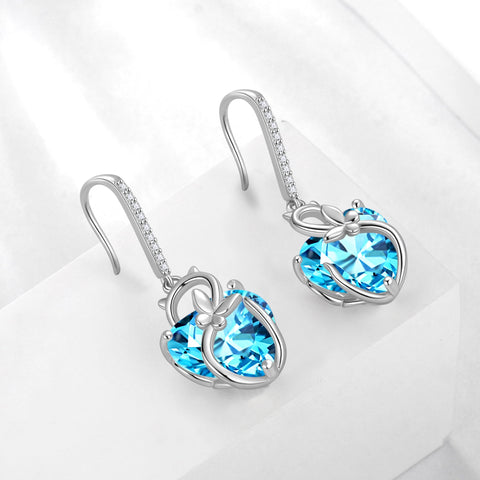 Cat Butterfly Earrings for Women 925 Sterling Silver Earrings Dangle Drop Hook Blue Heart Aquamarine March Birthstone Jewelry Mother Christmas Birthday Valentine's Day Gifts for Mom Wife - Aurora Tears