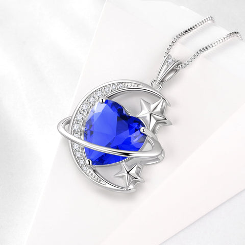 13MM Women Moon Stars Necklace Heart September Birthstone 925 Sterling Silver Pendant Blue Sapphire Jewelry Christmas Valentines Birthday Mother's Day Gift for Her/Wife/Mom - Aurora Tears