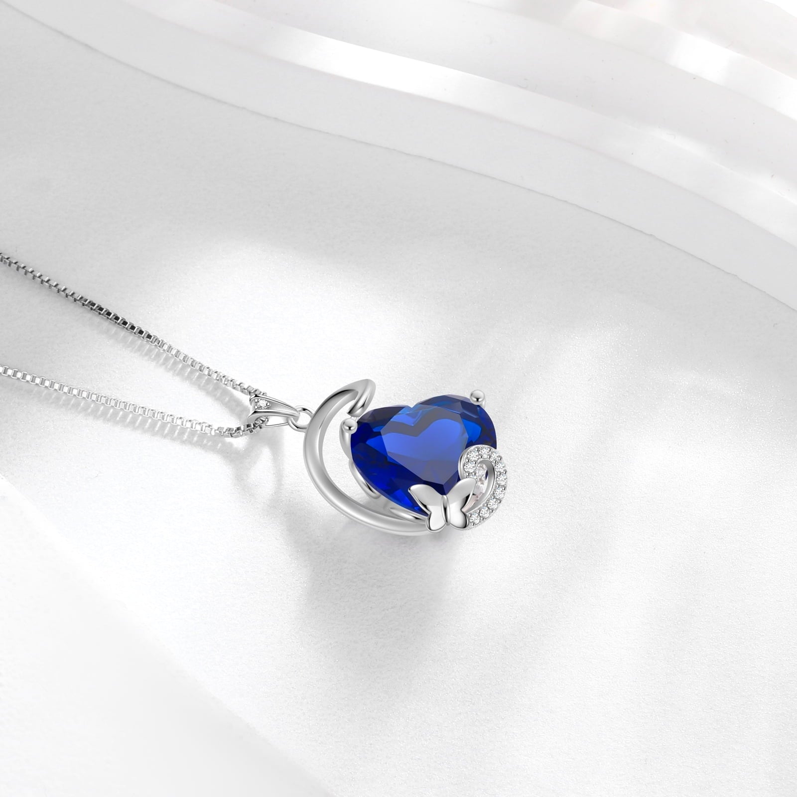 September Birthstone Heart Necklace Butterfly Pendant Blue Sapphire Jewelry 925 Sterling Silver Necklace Christmas Birthday Mother's Day Gift for Women - Aurora Tears