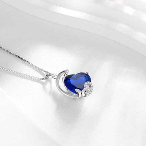 September Birthstone Heart Necklace Butterfly Pendant Blue Sapphire Jewelry 925 Sterling Silver Necklace Christmas Birthday Mother's Day Gift for Women - Aurora Tears
