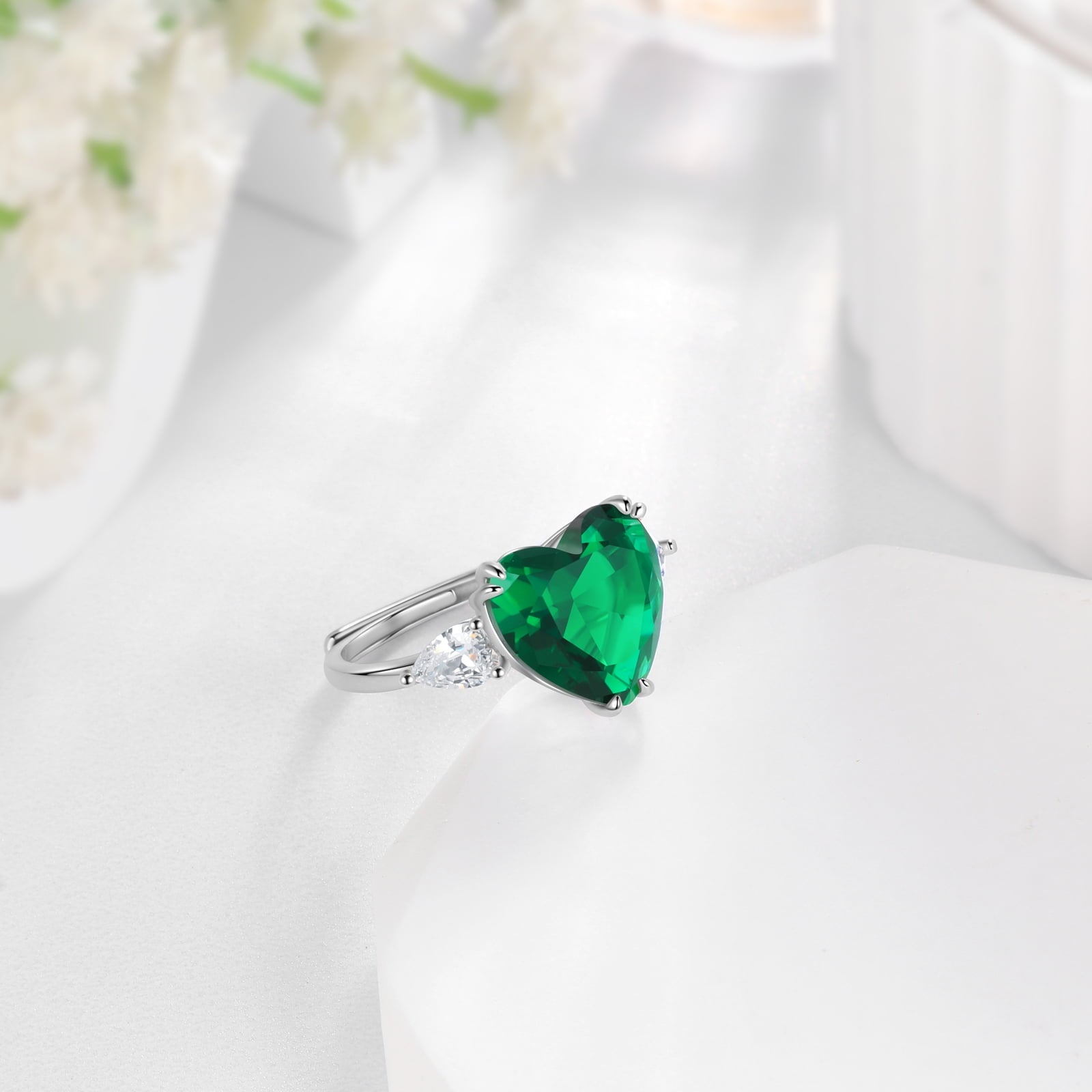 6Ct Women Heart Emerald Rings 925 Sterling Silver Green May Birthstone Ring Open Band Jewelry Birthday Christmas Mom Grandma Mother's Day Gift - Aurora Tears