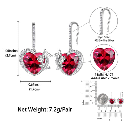 Women July Birthstone Drop Earrings Heart Ruby Red Butterfly Flower Jewelry Hook 925 Sterling Silver Earring Mother Valentine's Day Gift - Aurora Tears
