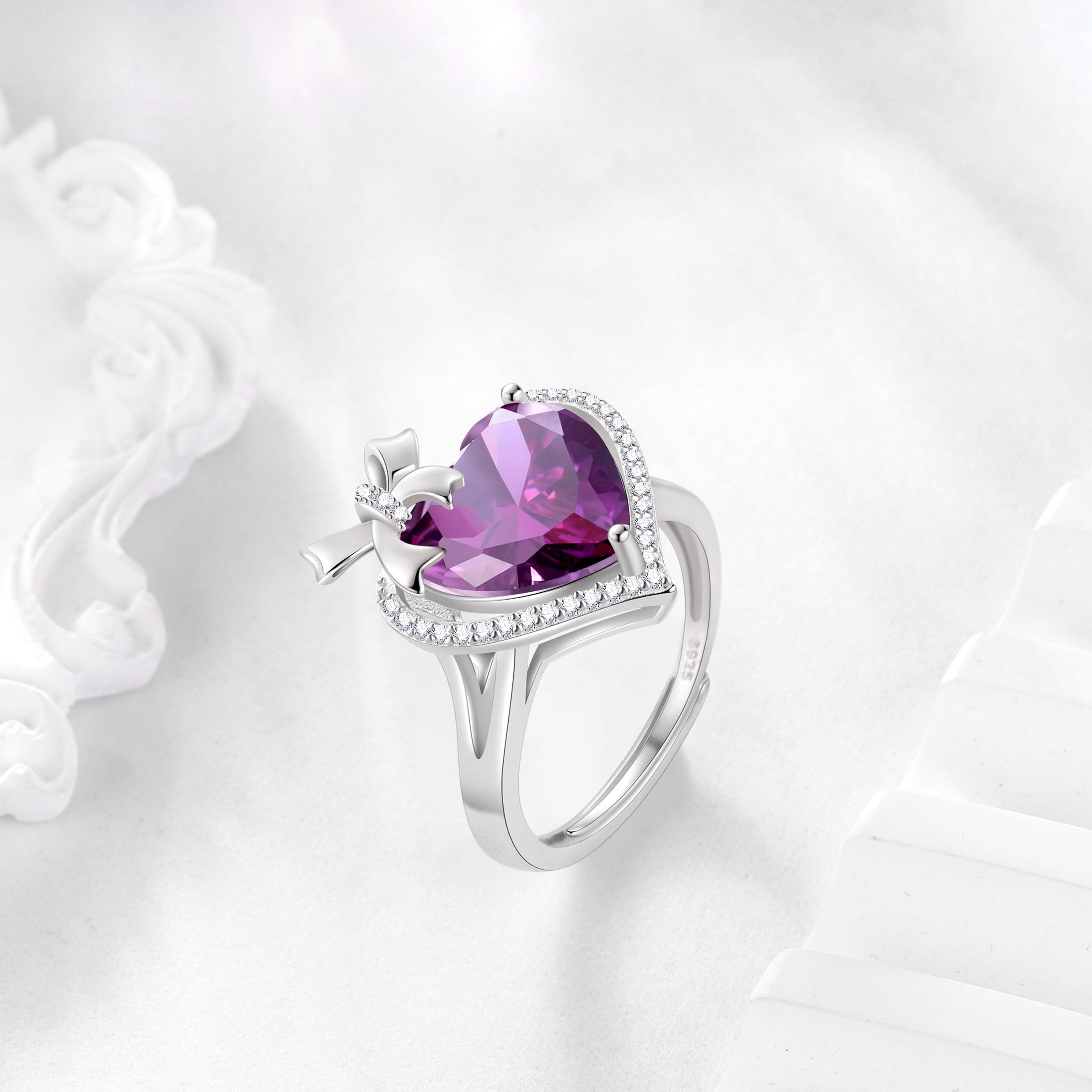 6Ct Heart Women Ring Bow Kont Ribbon 925 Sterling Silver February Birthstone Amethyst Ring Purple Solitaire Jewelry Mother Valentine's Day Gift for Wife - Aurora Tears