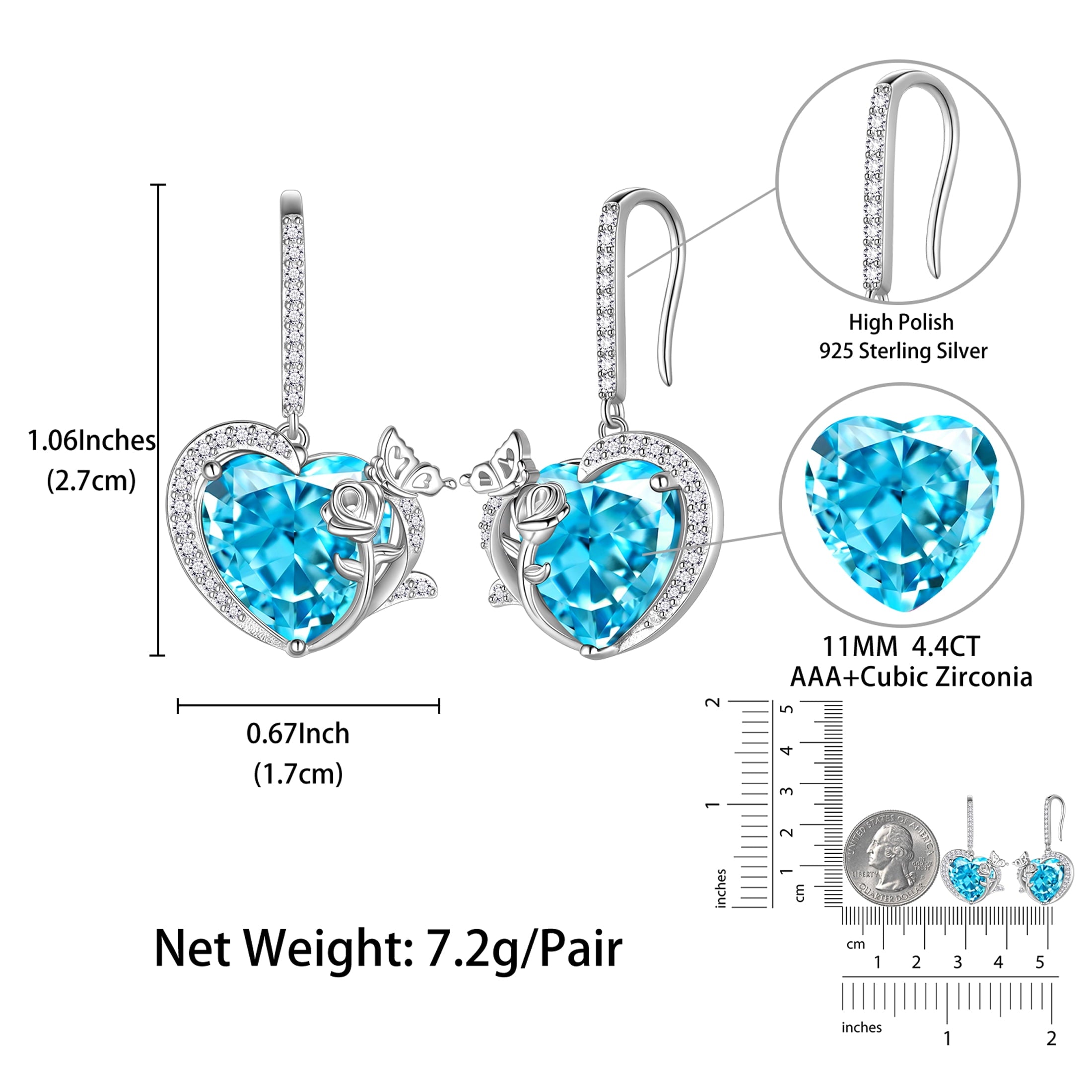 Women March Birthstone Drop Dangle Earrings Heart Aquamarine Blue Butterfly Flower 925 Sterling Silver Hook Jewelry Mother Birthday Gift - Aurora Tears