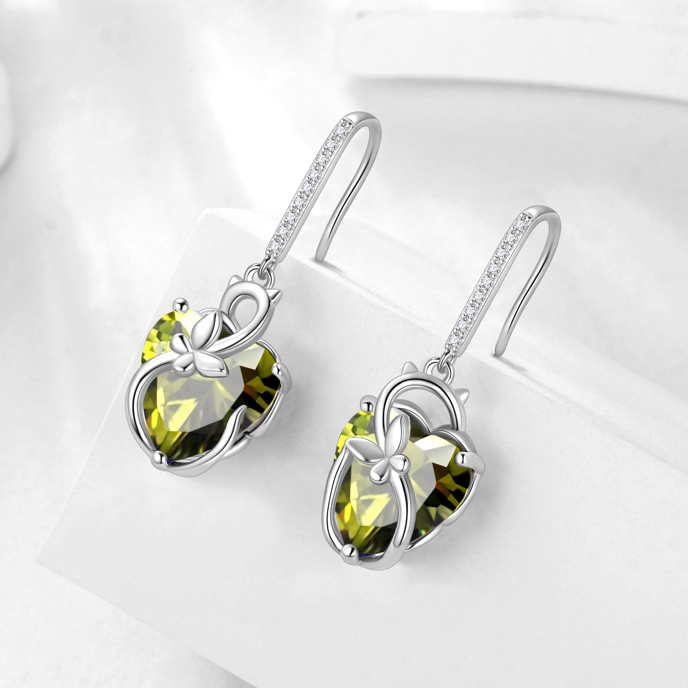 Cat Butterfly Earrings for Women 925 Sterling Silver Earrings Dangle Drop Hook Green Heart Peridot August Birthstone Jewelry Christmas Birthday Valentines Mothers Day Gift for Mom Grandma - Aurora Tears