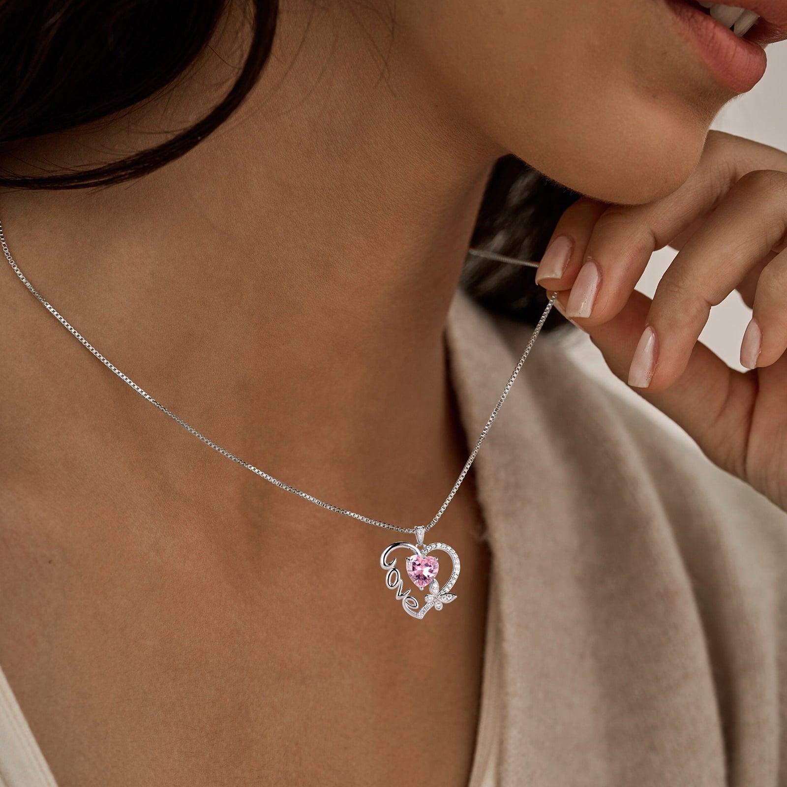 Women Pink Love Heart Necklace Butterfly October Birthstone Necklace Tourmaline 925 Sterling Silver Pendant Jewelry Mother Birthday Valentine's Day Gift - Aurora Tears