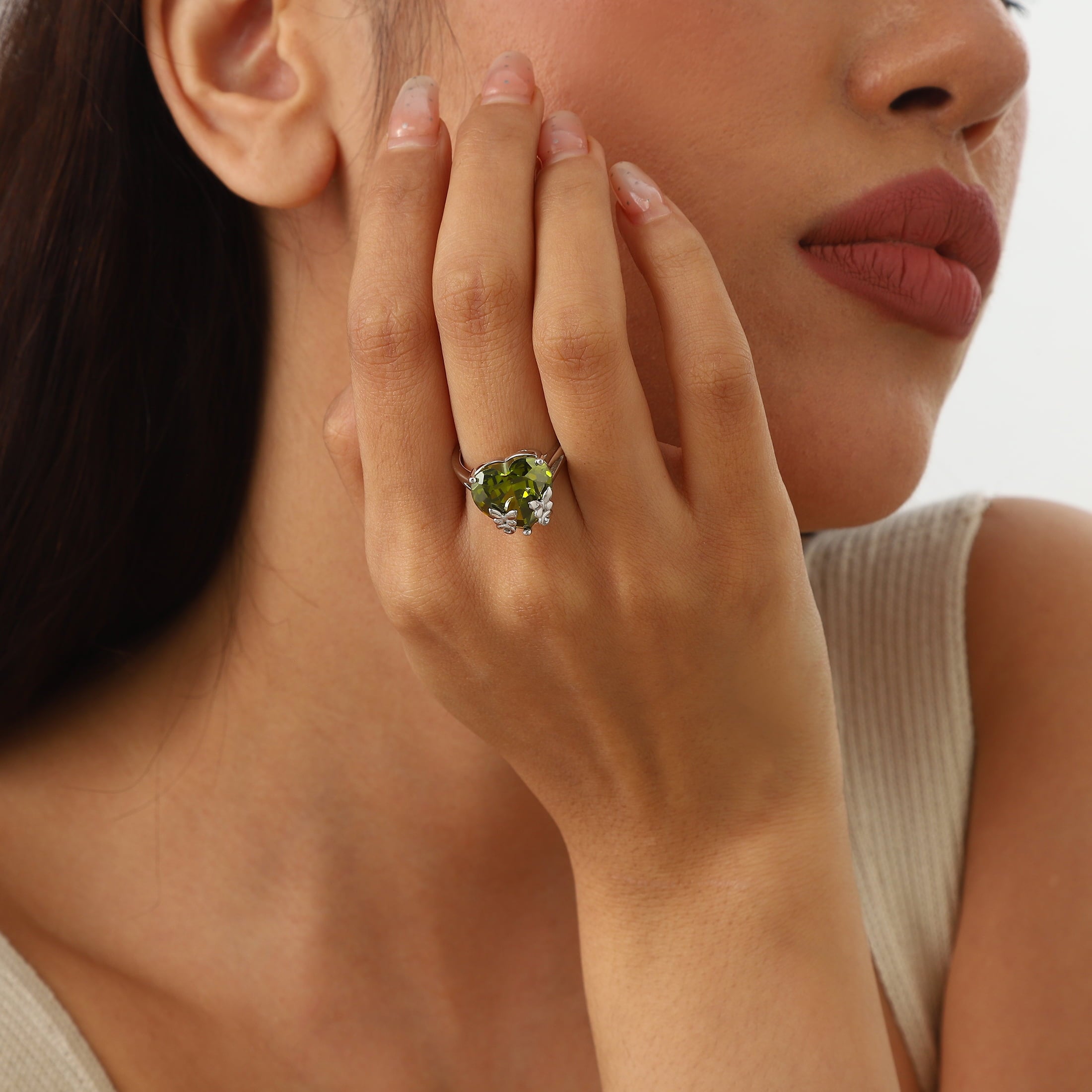 9Ct Women Heart Ring 925 Sterling Silver Butterfly August Birthstone Peridot Solitaire Ring Jewelry Mom Christmas Birthday Gift - Aurora Tears