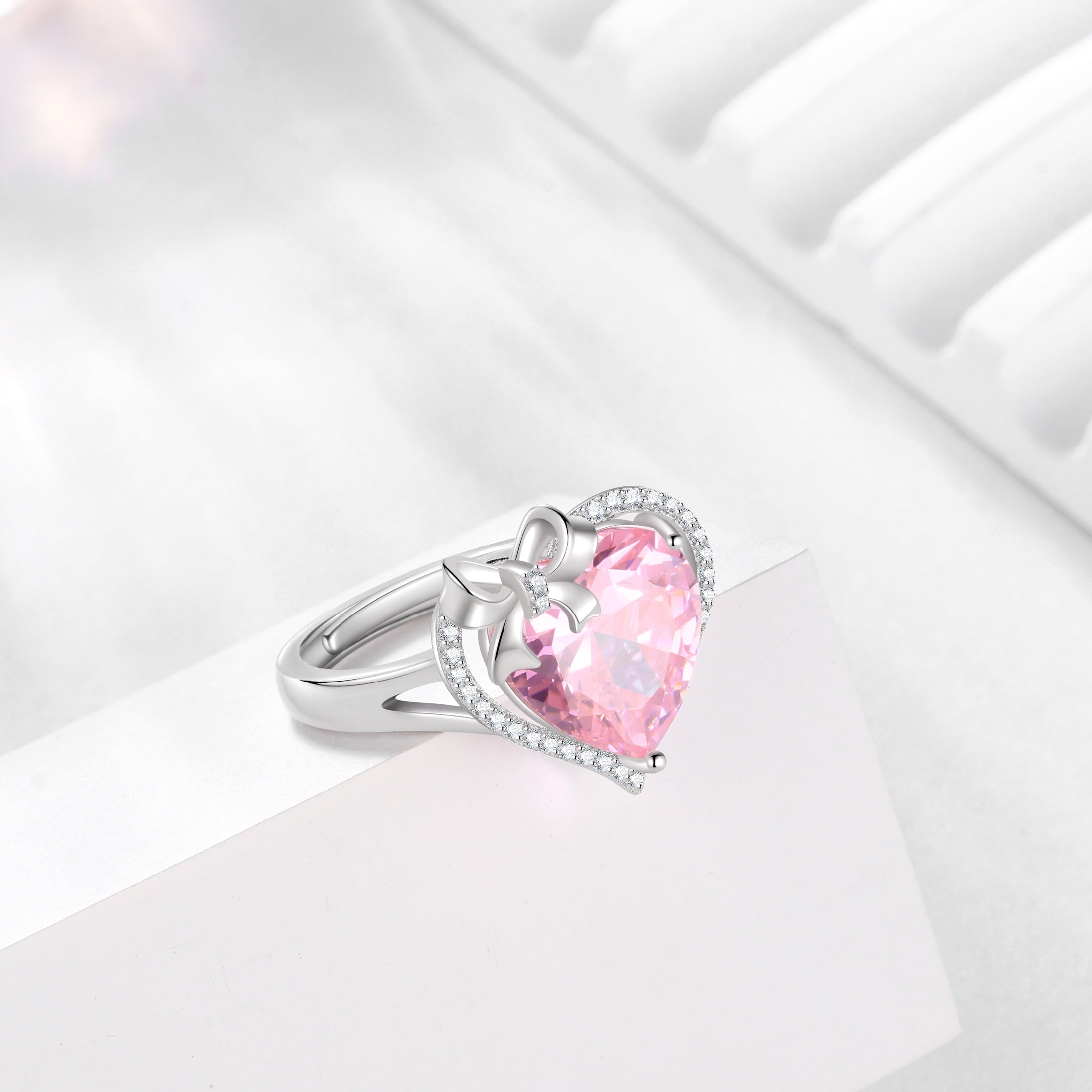 6Ct Heart Women Ring Bow Kont Ribbon 925 Sterling Silver October Birthstone Tourmaline Ring Pink Jewelry Valentine's Day Gift for Girlfriend Wife Mother - Aurora Tears