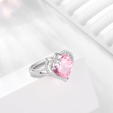 6Ct Heart Women Ring Bow Kont Ribbon 925 Sterling Silver October Birthstone Tourmaline Ring Pink Jewelry Valentine's Day Gift for Girlfriend Wife Mother - Aurora Tears