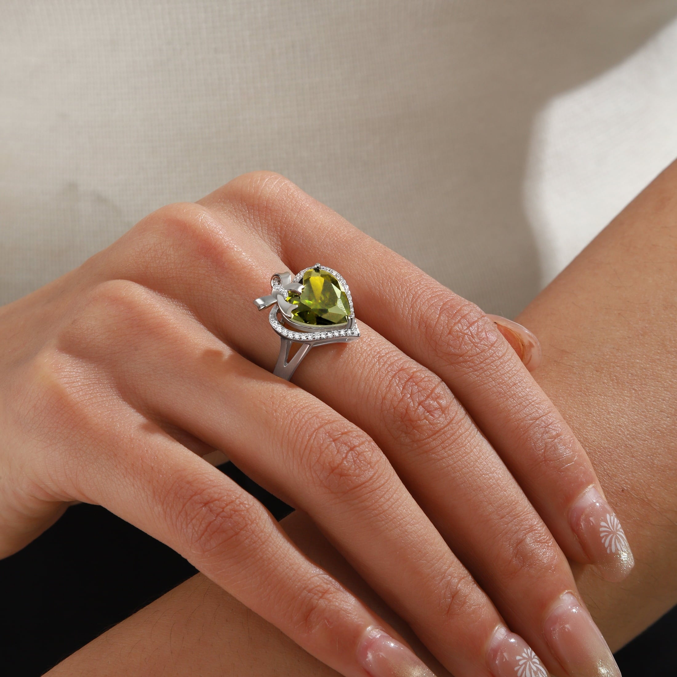 6Ct Heart Women Ring Bow Kont Ribbon 925 Sterling Silver August Birthstone Peridot Adjustable Ring Jewelry Wife Mother Christmas Birthday Valentine Gift - Aurora Tears