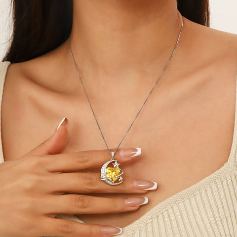 13MM Women Moon and Star Necklace Heart November Birthstone 925 Sterling Silver Sun and Moon Necklace Pendant Yellow Citrine Jewelry Christmas Valentines Mother's Day Gift - Aurora Tears