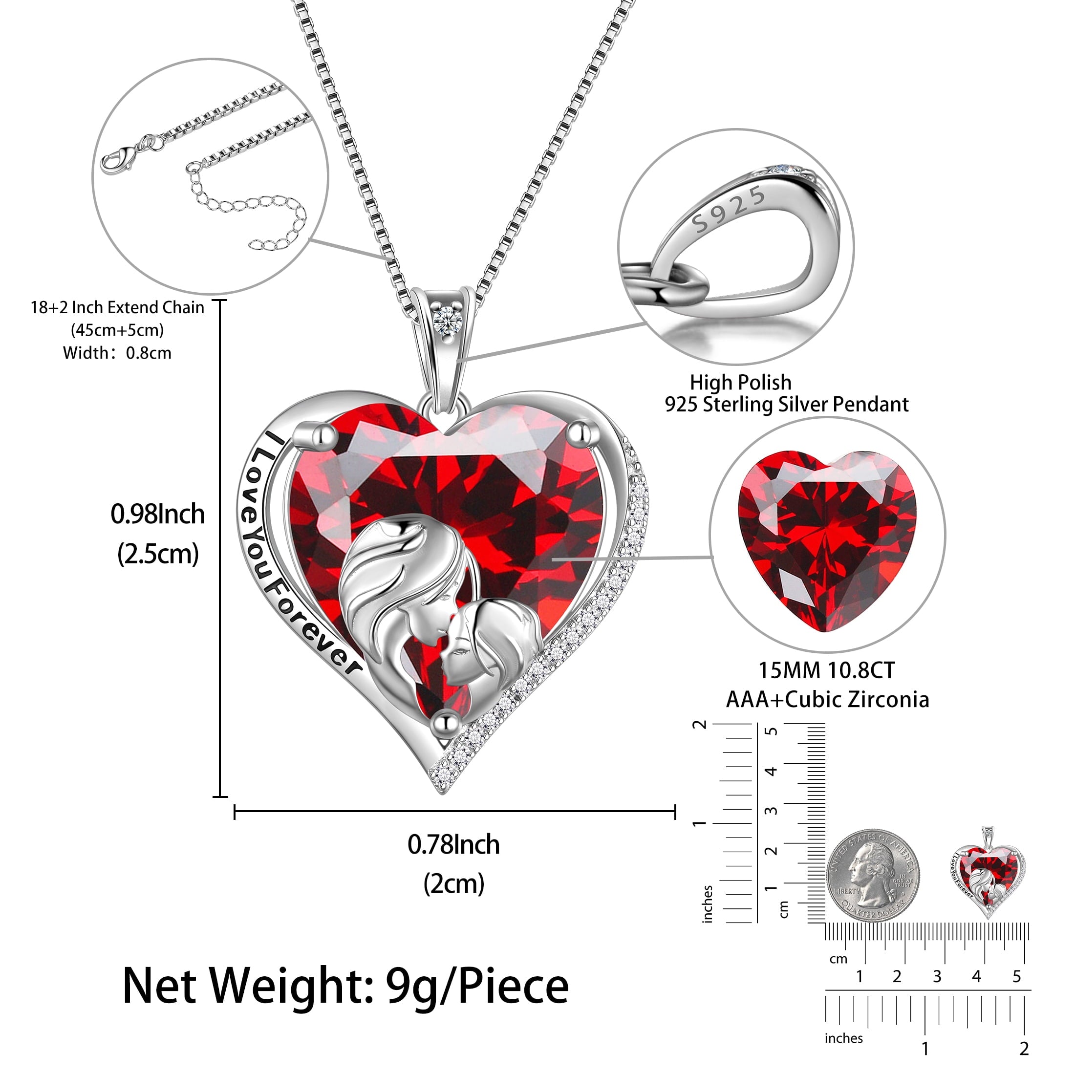 Women Heart Necklace for Mother Daughter 925 Sterling Silver Red Garnet Birthstone Pendant Jewelry January Birthday Christmas Mother's Day Gift - Aurora Tears
