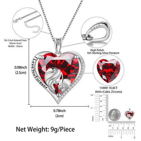 Women Heart Necklace for Mother Daughter 925 Sterling Silver Red Garnet Birthstone Pendant Jewelry January Birthday Christmas Mother's Day Gift - Aurora Tears