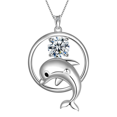 Juwaliy 925 Sterling Silver Cute Dolphin Necklace for Women Birthstone Pendant Sea Animal Jewelry Gifts - Aurora Tears
