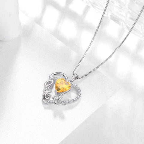 Women Yellow Love Heart Necklace Butterfly November Birthstone Necklace Citrine 925 Sterling Silver Pendant Jewelry Christmas Birthday Gifts for Mother - Aurora Tears