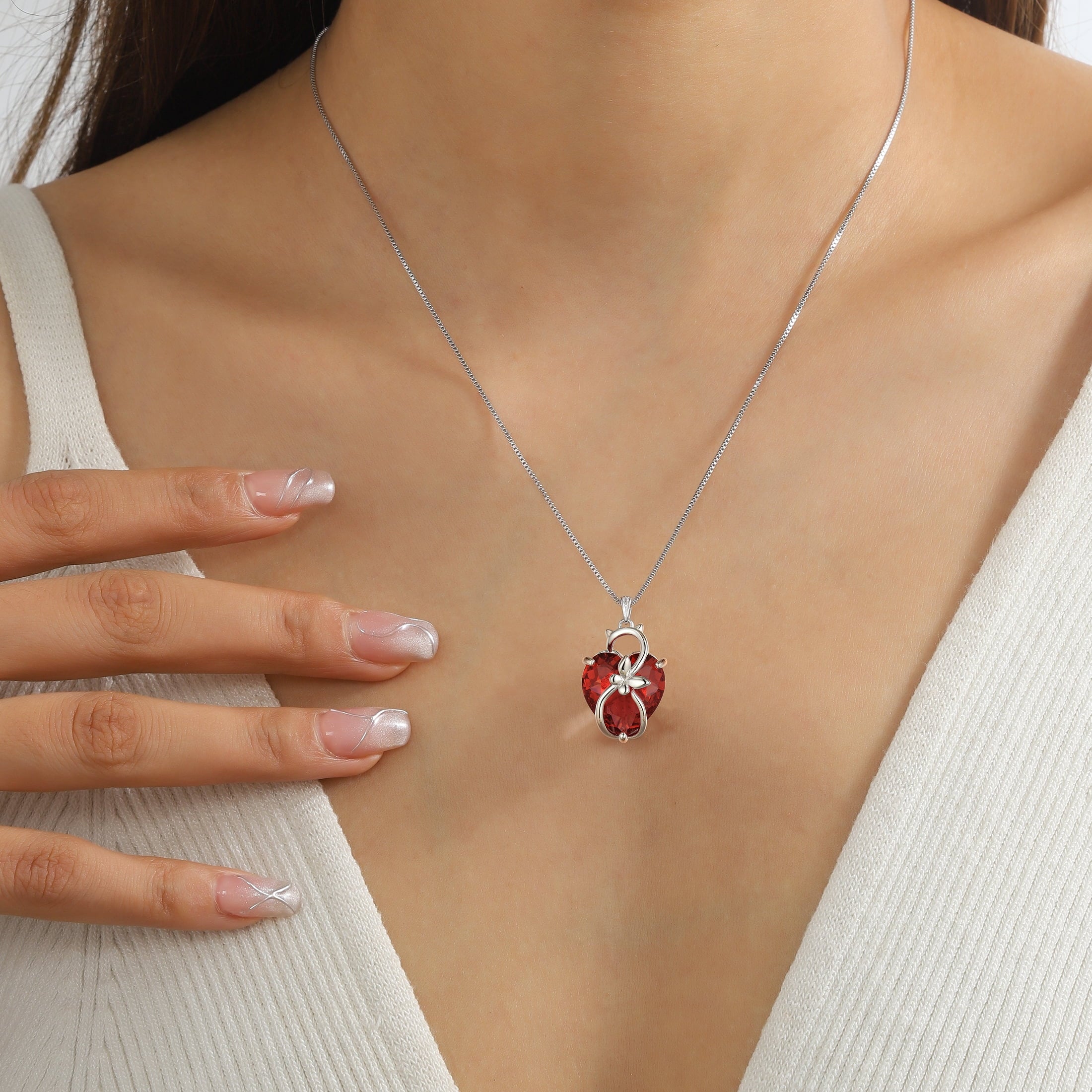 15MM Women Cat Necklace Heart January Birthstone 925 Sterling Silver Pendant Red Garnet Butterfly Jewelry Birthday Valentine's Day Gift - Aurora Tears