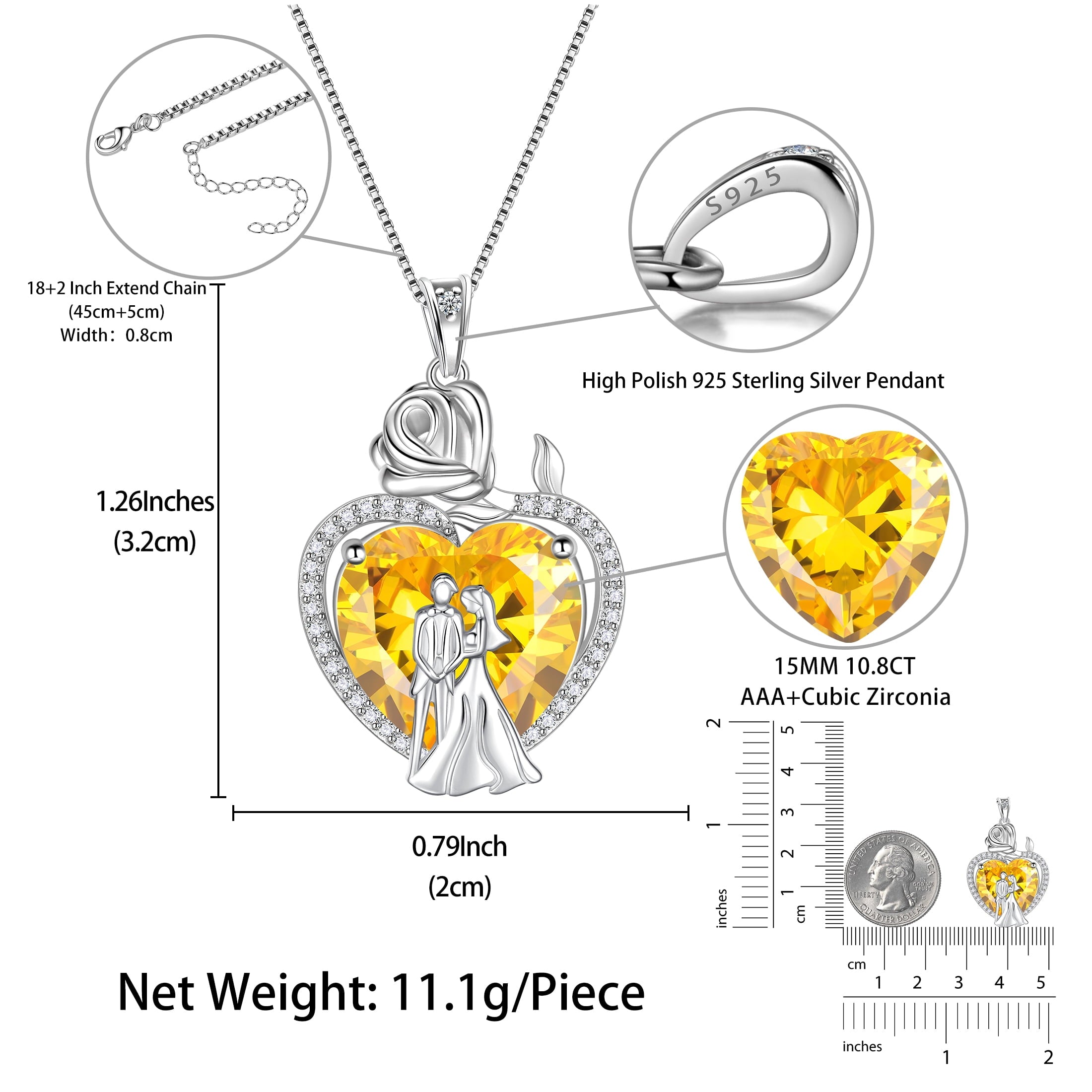 Couple Necklace for Women 925 Sterling Silver 15MM Heart November Birthstone Rose Flower Pendant Promise Engagement Jewelry Valentines Day Gift for Her Wife Bride - Aurora Tears