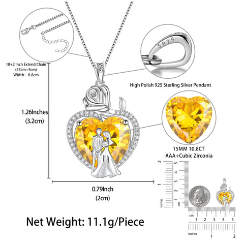 Couple Necklace for Women 925 Sterling Silver 15MM Heart November Birthstone Rose Flower Pendant Promise Engagement Jewelry Valentines Day Gift for Her Wife Bride - Aurora Tears