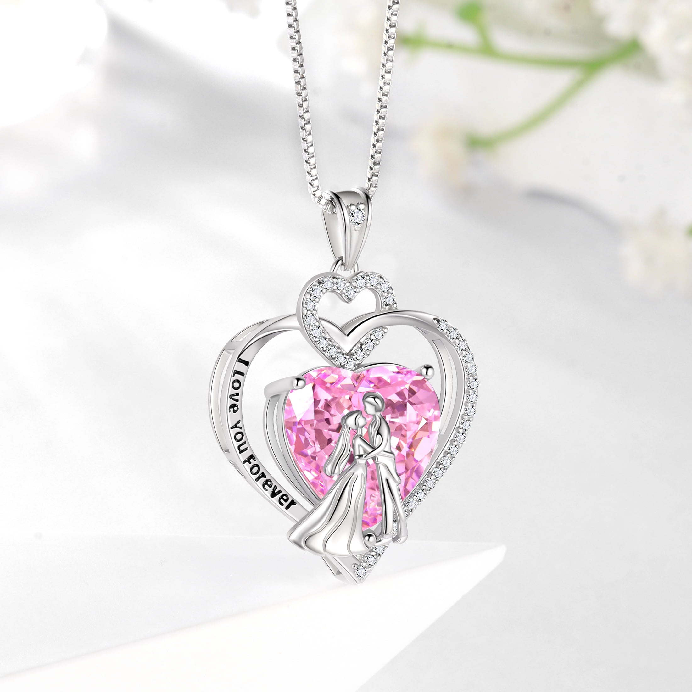 Couple Necklace for Women 925 Sterling Silver Heart October Birthstone Pendant Love Wedding Engagement Jewelry Valentine's Day Gift for Her Wife Bride Girlfriend - Aurora Tears