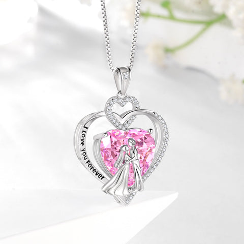 Couple Necklace for Women 925 Sterling Silver Heart October Birthstone Pendant Love Wedding Engagement Jewelry Valentine's Day Gift for Her Wife Bride Girlfriend - Aurora Tears