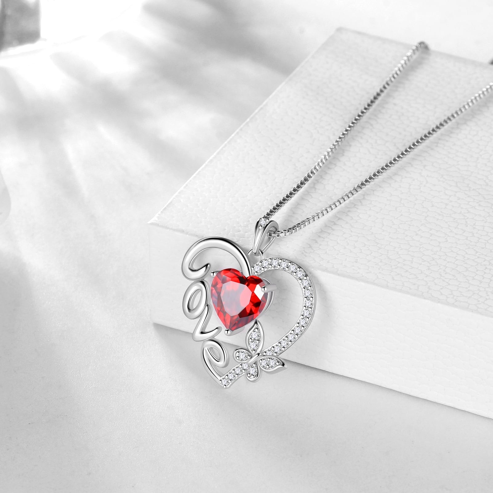 Women Red Love Heart Necklace Butterfly January Birthstone Necklace Garnet CZ 925 Sterling Silver Pendant Jewelry Mother Birthday Valentine's Day Gift - Aurora Tears