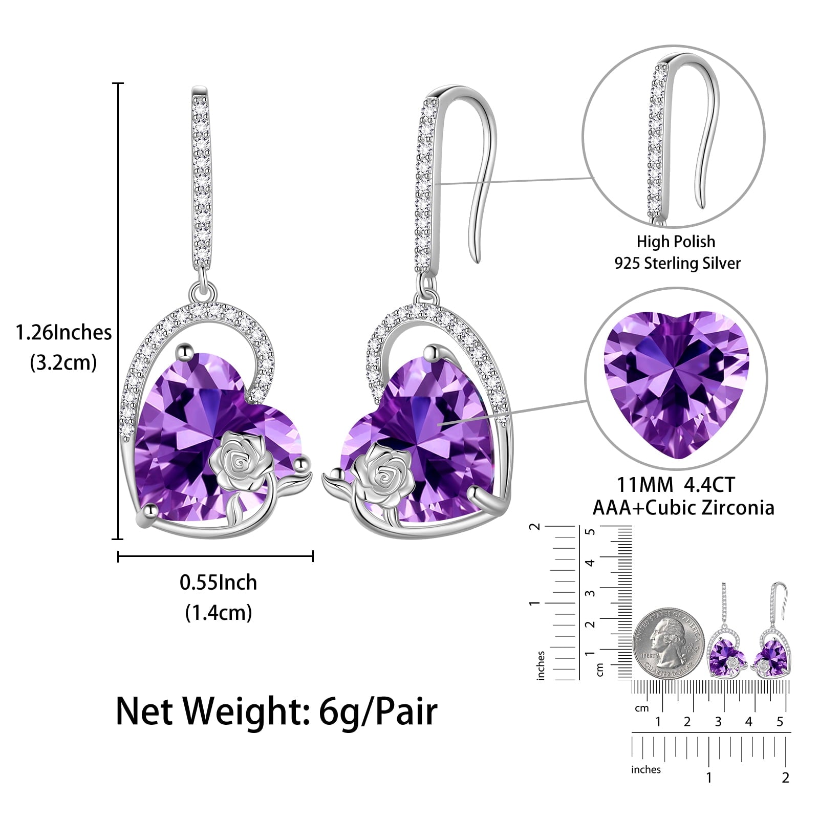 925 Sterling Silver Earrings Women Heart February Birthstone Hook Dangle Earring Amethyst Purple Rose Jewelry Mother Valentine's Day Gift - Aurora Tears
