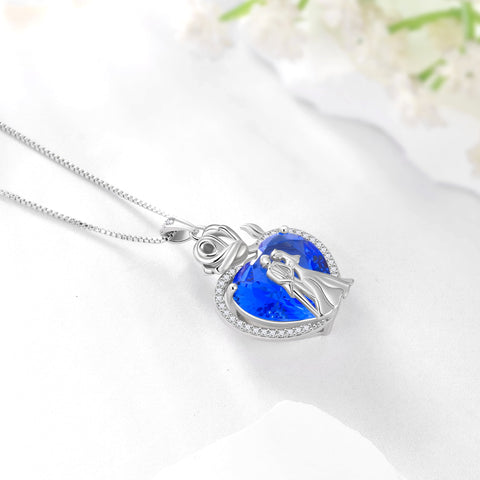 Couple Necklace for Women 925 Sterling Silver 15MM Heart December Birthstone Rose Flower Pendant Promise Engagement Jewelry Valentines Day Gift for Her Wife Bride - Aurora Tears