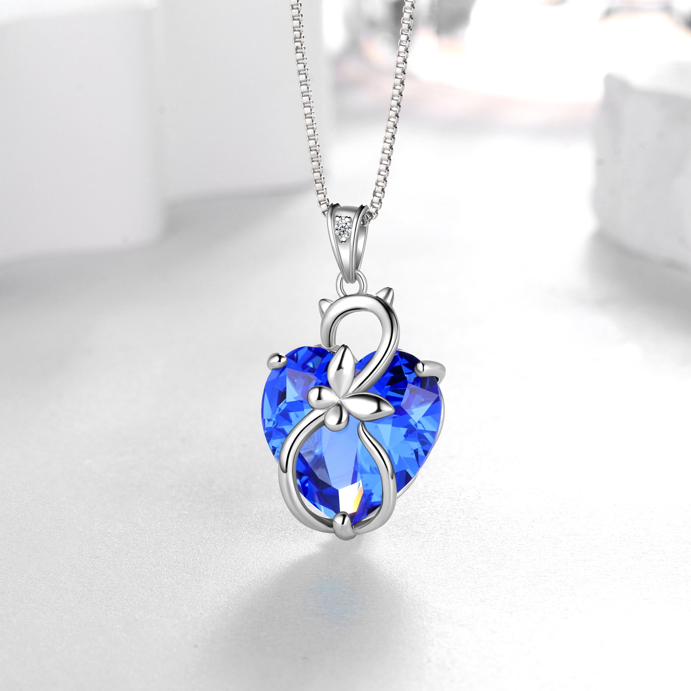 15MM Women Cat Necklace Heart December Birthstone 925 Sterling Silver Pendant Butterfly Blue Tanzanite Jewelry Christmas Birthday Mother's Day Gift - Aurora Tears