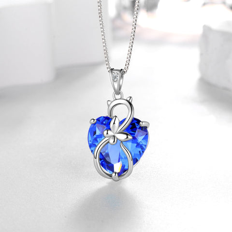 15MM Women Cat Necklace Heart December Birthstone 925 Sterling Silver Pendant Butterfly Blue Tanzanite Jewelry Christmas Birthday Mother's Day Gift - Aurora Tears