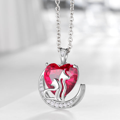 Women Animal Cat and Dog Necklace Red Heart July Birthstone Charm Ruby Crystal Pendant Jewelry Birthday Mothers Day Gift for Mom Wife Daughter Pet Lover - Aurora Tears