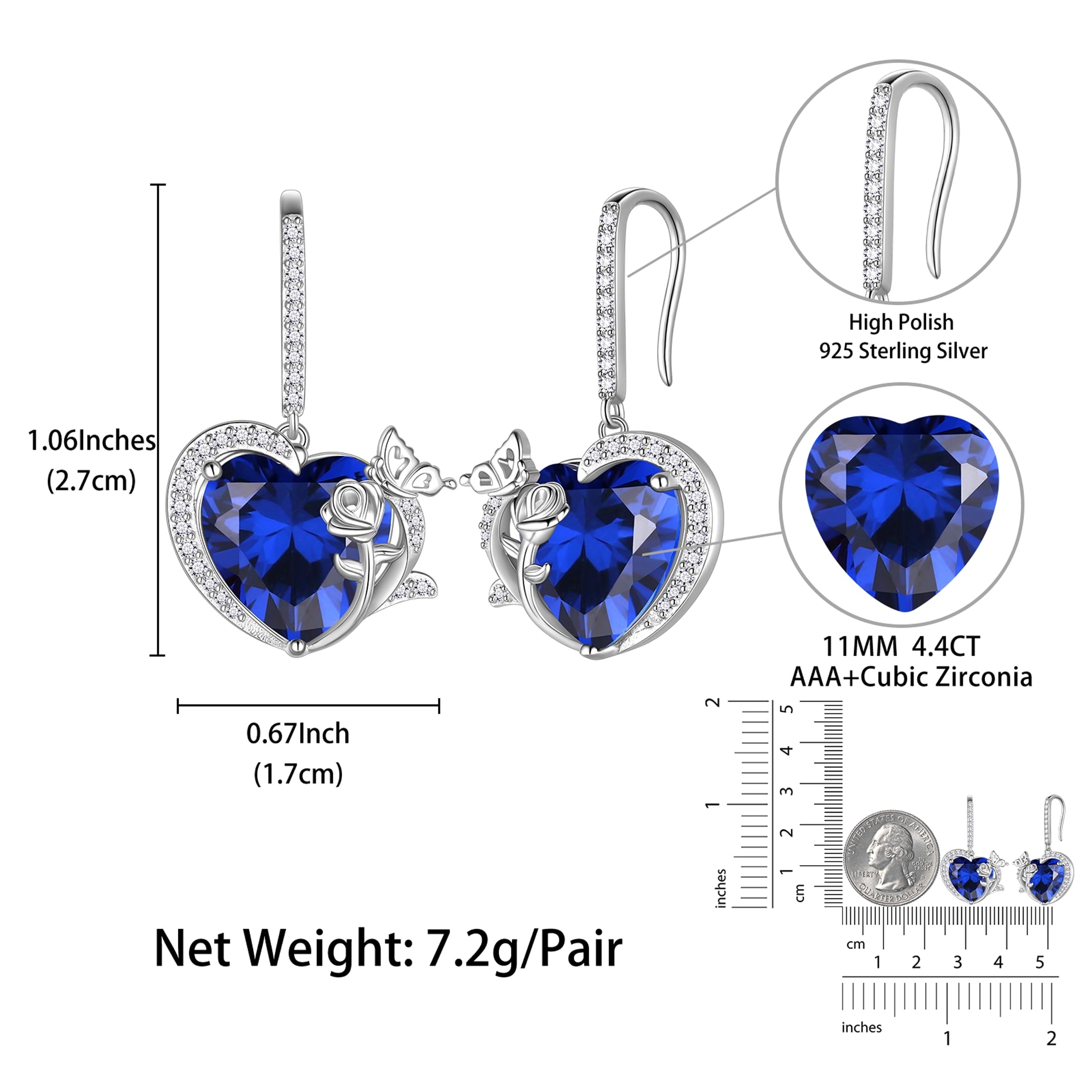 Women September Birthstone Drop Earrings Heart Blue Sapphire Butterfly Flower Jewelry 925 Sterling Silver Hook Earring Mother's Day Gift - Aurora Tears