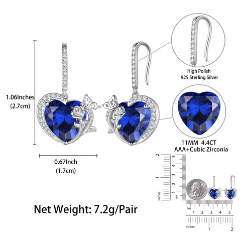 Women September Birthstone Drop Earrings Heart Blue Sapphire Butterfly Flower Jewelry 925 Sterling Silver Hook Earring Mother's Day Gift - Aurora Tears