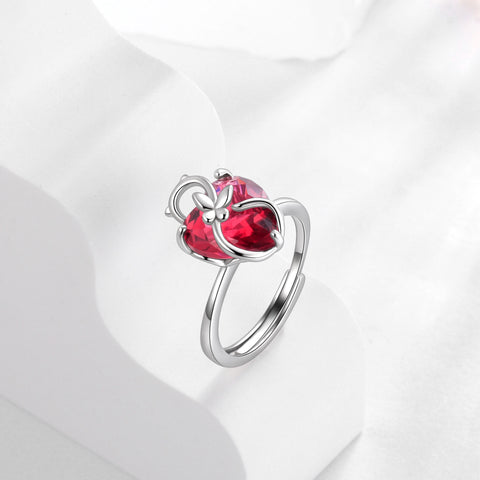 Women Heart Ring 925 Sterling Silver Cat Butterfly July Birthstone Ruby Red Solitaire Ring Jewelry Mother Birthday Valentine's Day Gift - Aurora Tears