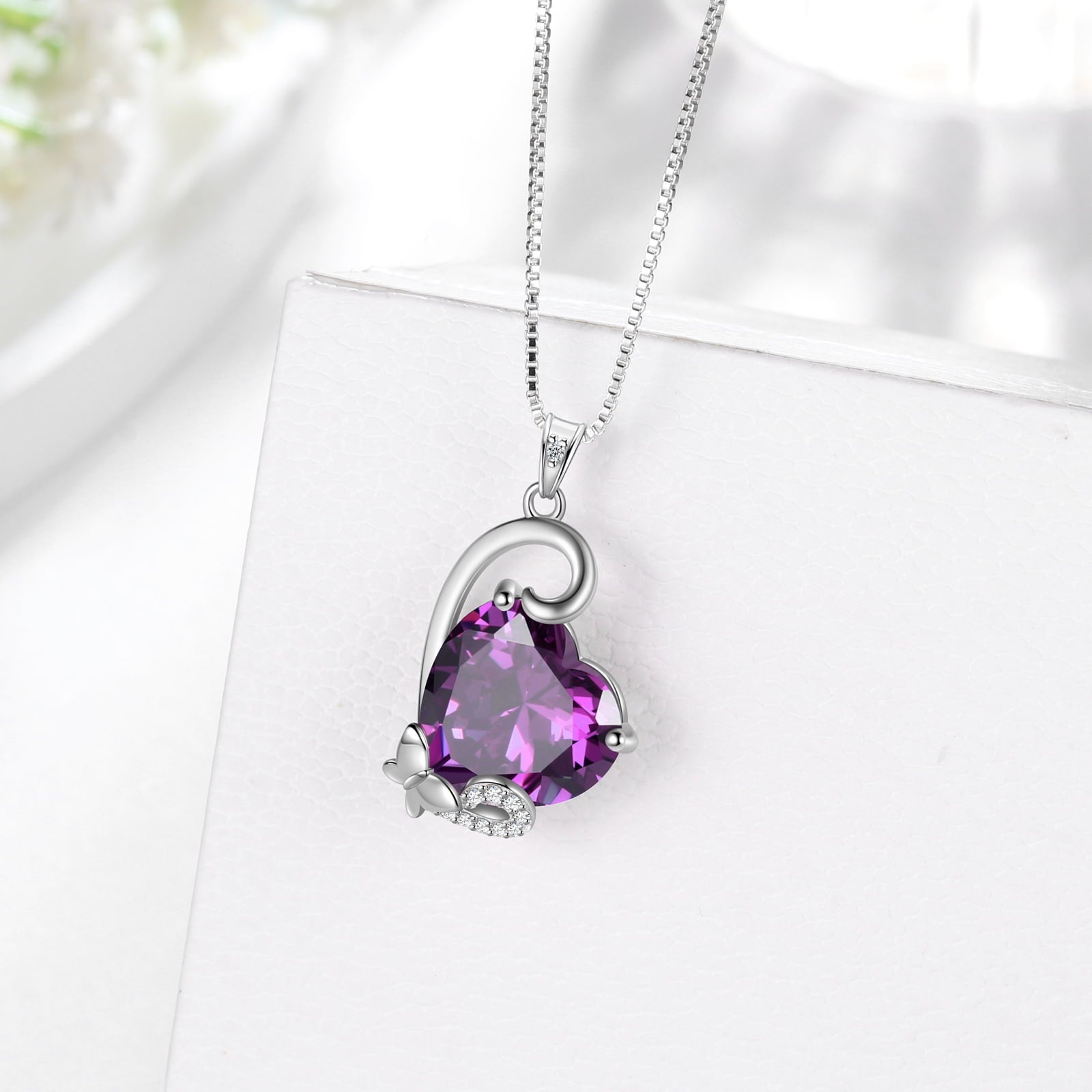February Birthstone Heart Necklace Butterfly Pendant Purple Amethyst Jewelry 925 Sterling Silver Women Mom Birthday Valentine's Day Gift - Aurora Tears