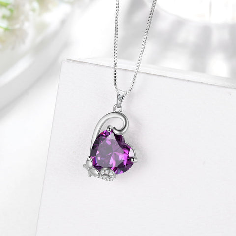 February Birthstone Heart Necklace Butterfly Pendant Purple Amethyst Jewelry 925 Sterling Silver Women Mom Birthday Valentine's Day Gift - Aurora Tears