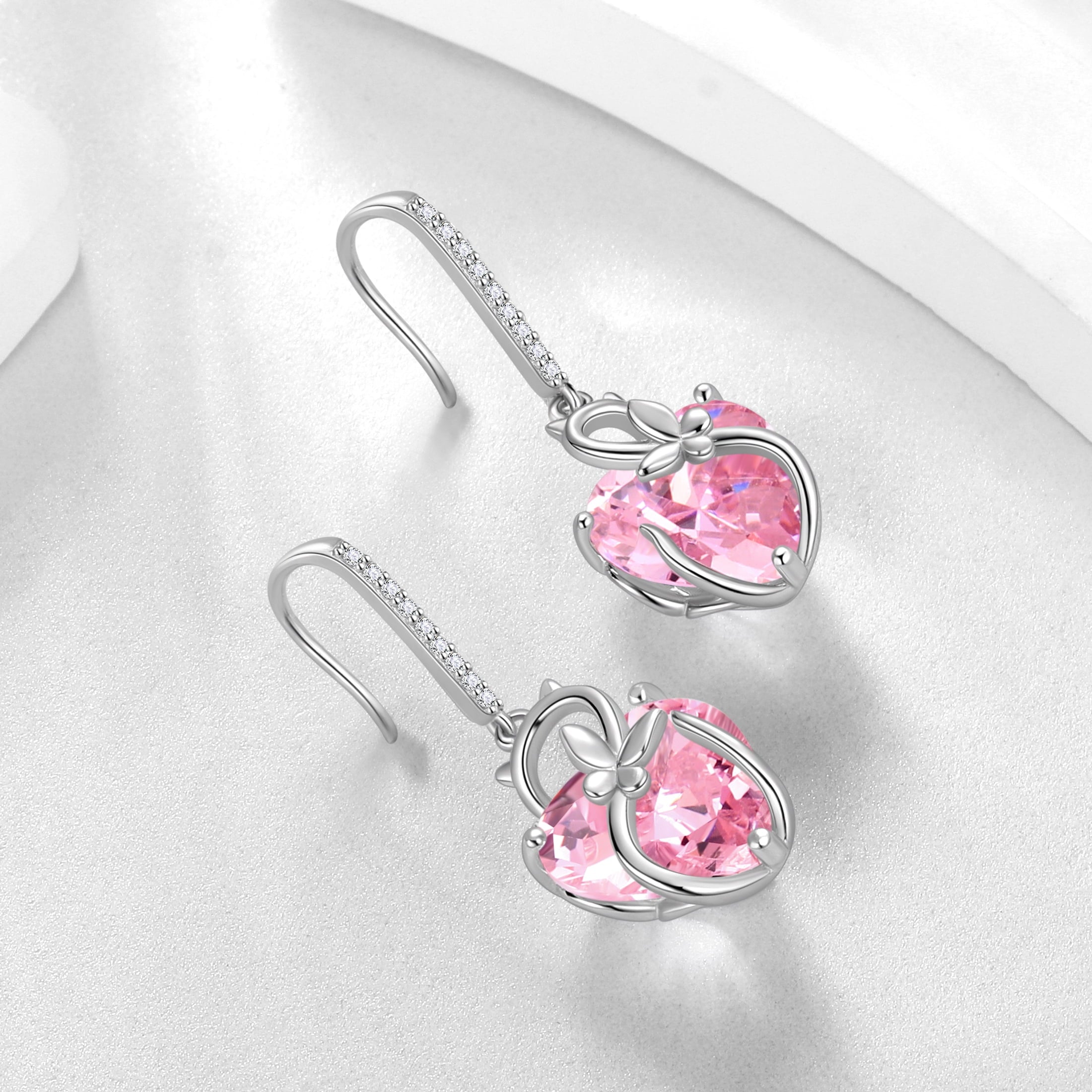Cat Butterfly Earrings for Women 925 Sterling Silver Earrings Dangle Drop Hook Pink Heart Tourmaline October Birthstone Jewelry Mother Christmas Valentine's Day Gifts for Wife Girlfriend - Aurora Tears