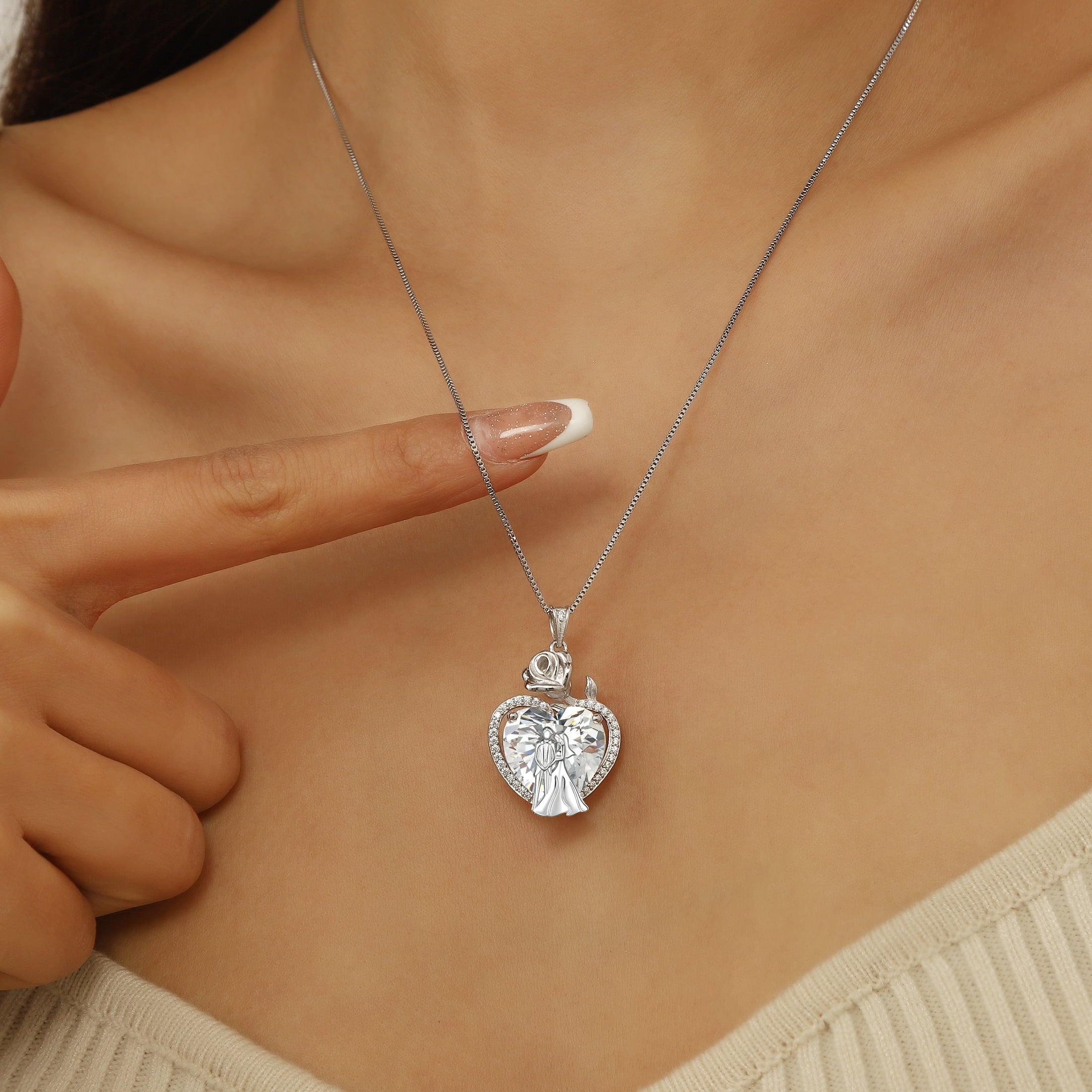 Couple Necklace for Women 925 Sterling Silver 15MM Heart April Birthstone Rose Flower Pendant Wedding Engagement Jewelry Valentine's Day Gifts for Her Wife Bride - Aurora Tears