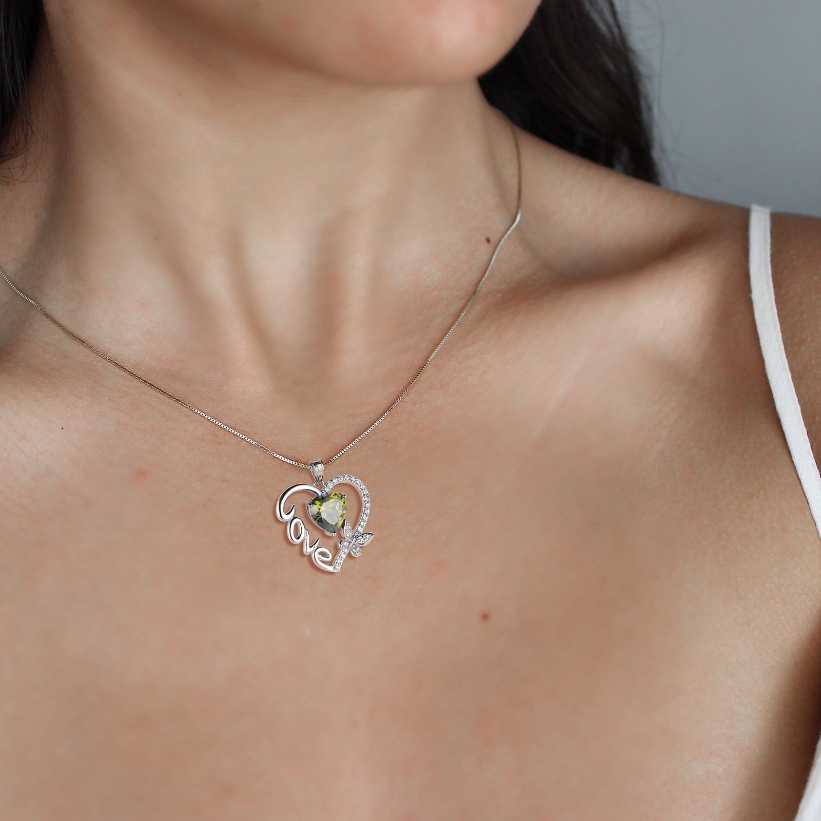 Women Green Love Heart Necklace Butterfly August Birthstone Necklace Peridot CZ 925 Sterling Silver Pendant Jewelry Christmas Birthday Mother's Day Gift - Aurora Tears