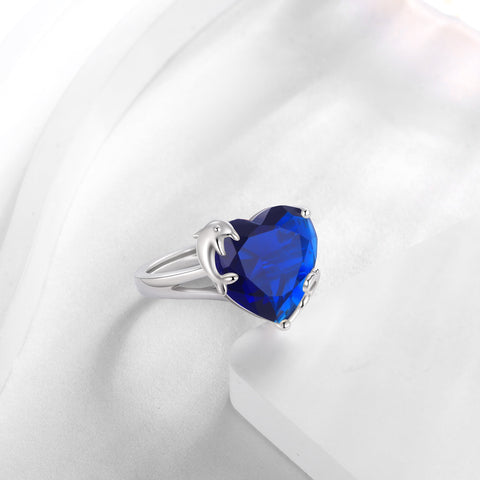 9Ct Women Heart Ring 925 Sterling Silver Dolphin September Birthstone Sapphire Blue Solitaire Ring Jewelry Birthday Mother's Day Gift - Aurora Tears