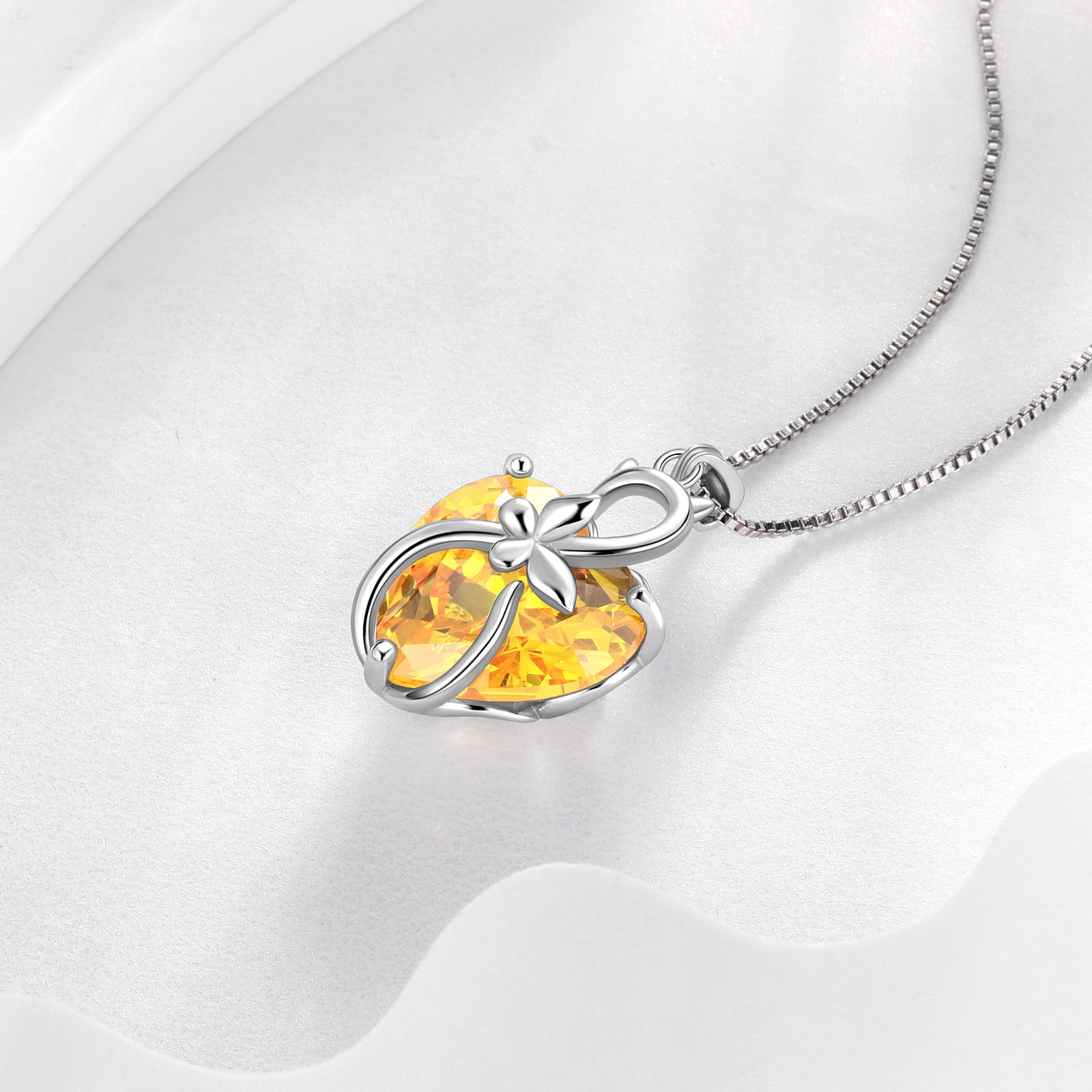 15MM Women Cat Necklace Heart November Birthstone 925 Sterling Silver Pendant Yellow Butterfly Citrine Jewelry Mother Cat Lover Christmas Birthday Gift - Aurora Tears